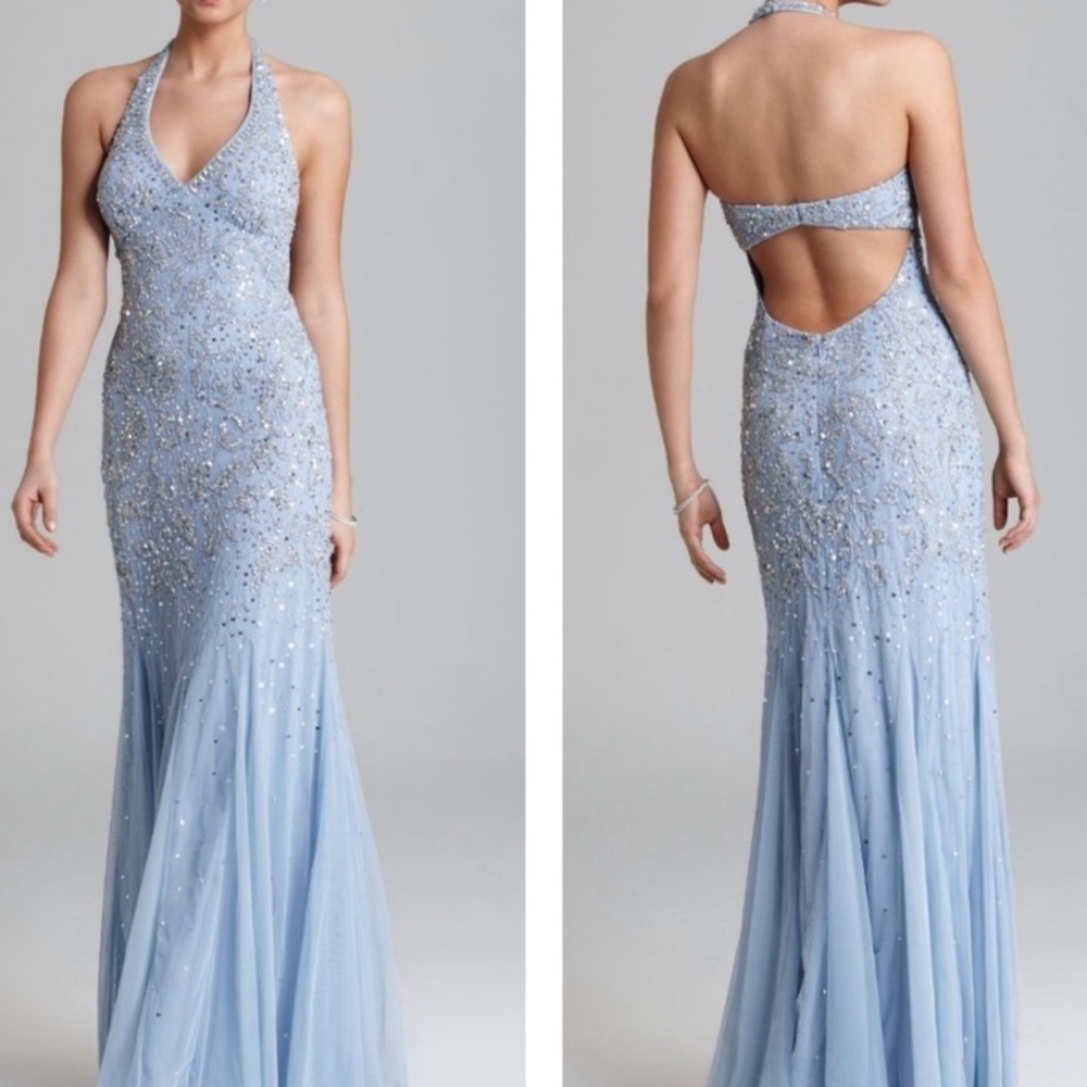 New Adrianna Papell Gown Halter Back Open with Godet Size 6 Blue NWOT